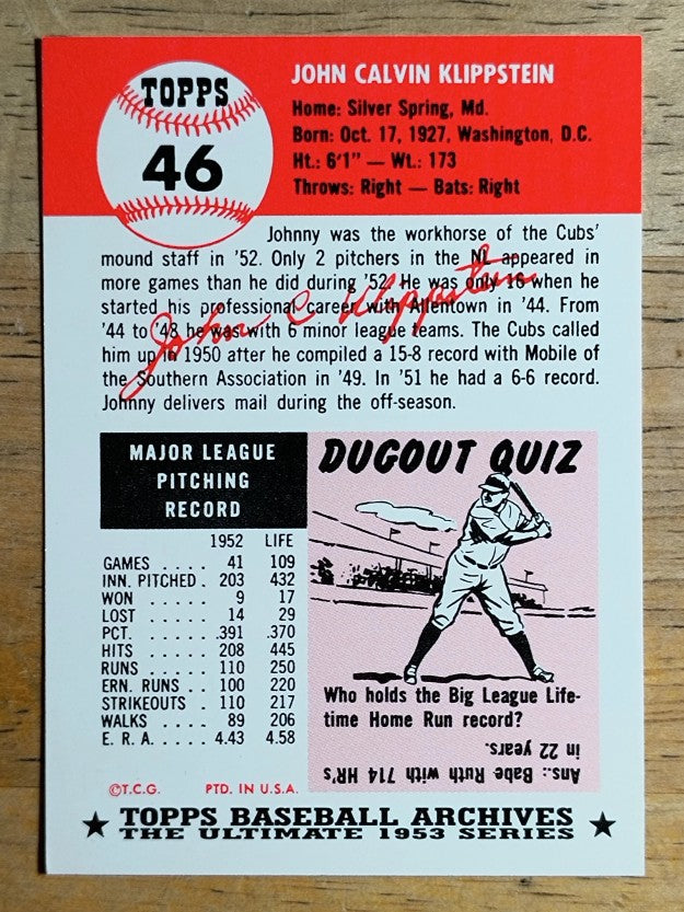 1991 Topps Archives '53 #46 Johnny Klippstein