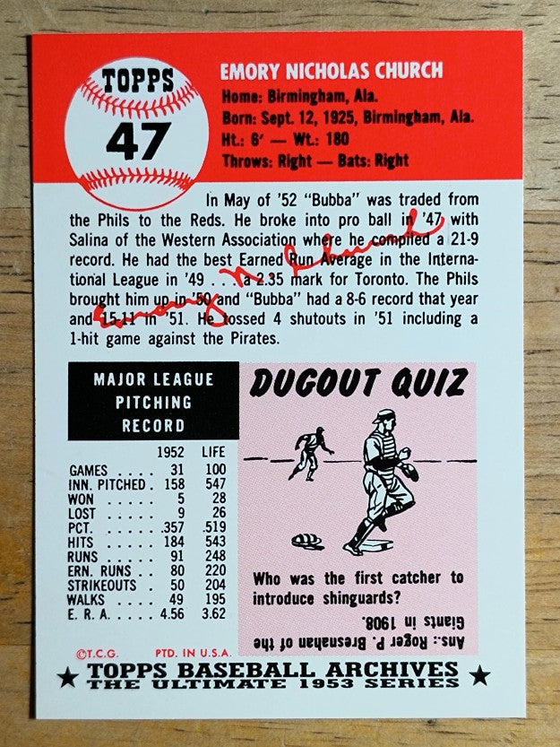 1991 Topps Archives '53 #47 Bubba Church