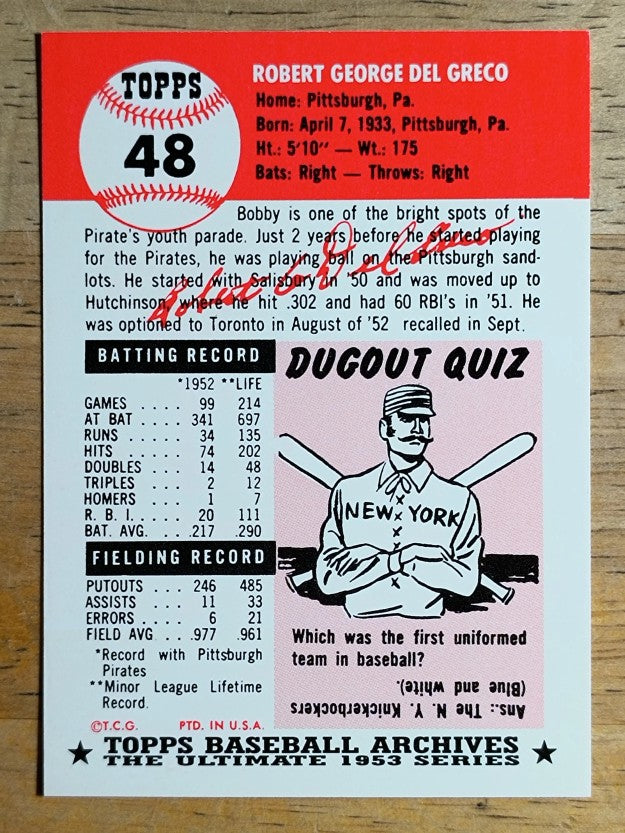 1991 Topps Archives '53 #48 Bob Del Greco
