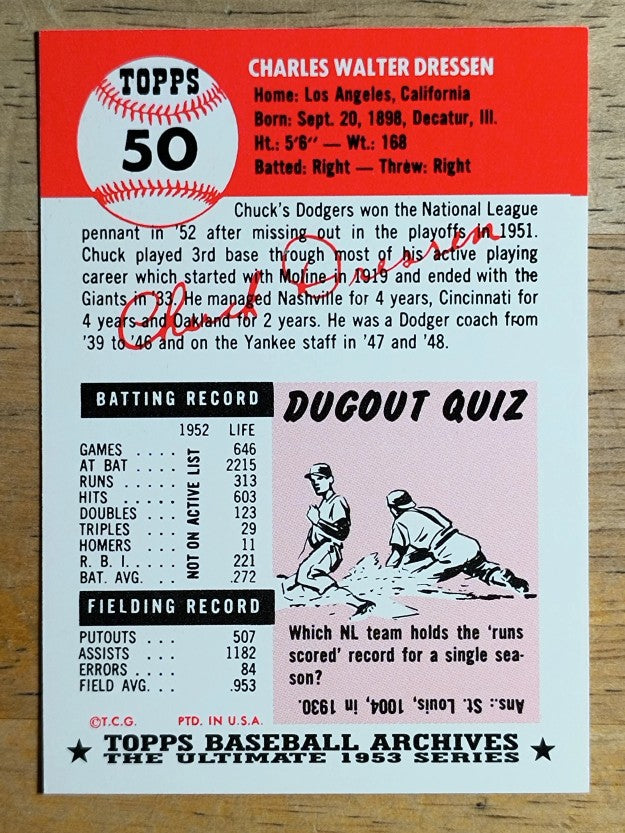 1991 Topps Archives '53 #50 Chuck Dressen MG
