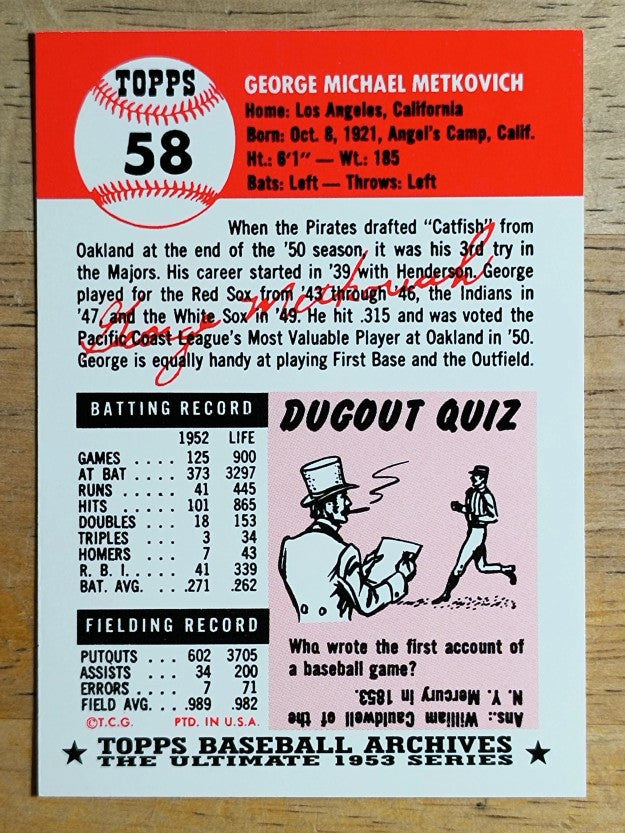 1991 Topps Archives '53 #58 George Metkovich