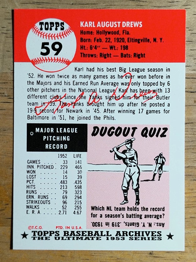 1991 Topps Archives '53 #59 Karl Drews