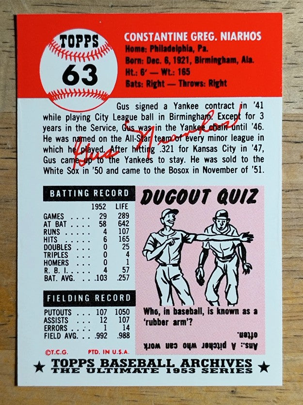 1991 Topps Archives '53 #63 Gus Niarhos