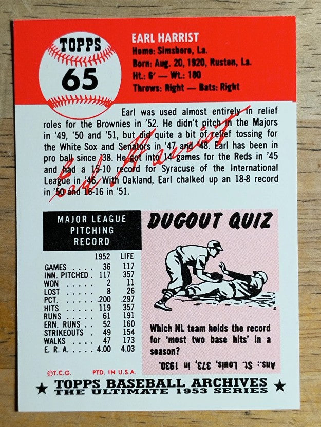 1991 Topps Archives '53 #65 Earl Harrist