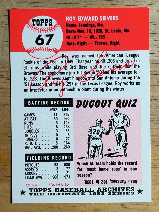 1991 Topps Archives '53 #67 Roy Sievers