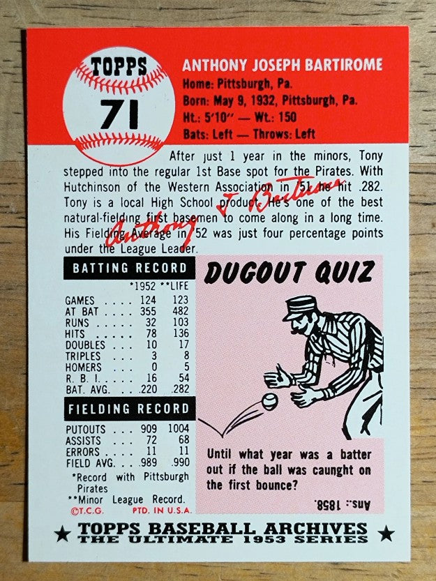 1991 Topps Archives '53 #71 Tony Bartirome