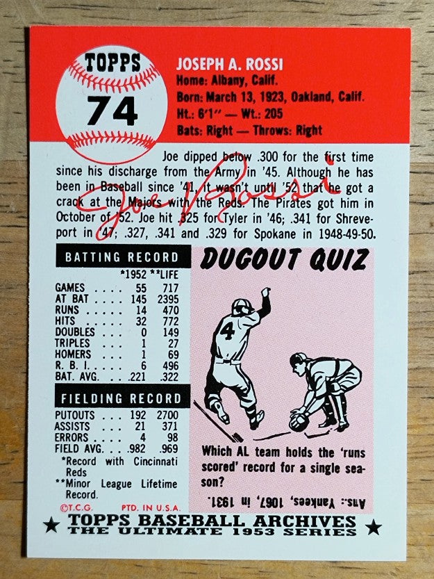 1991 Topps Archives '53 #74 Joe Rossi