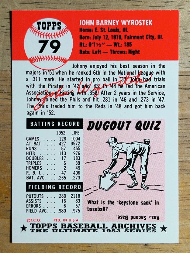 1991 Topps Archives '53 #79 Johnny Wyrostek