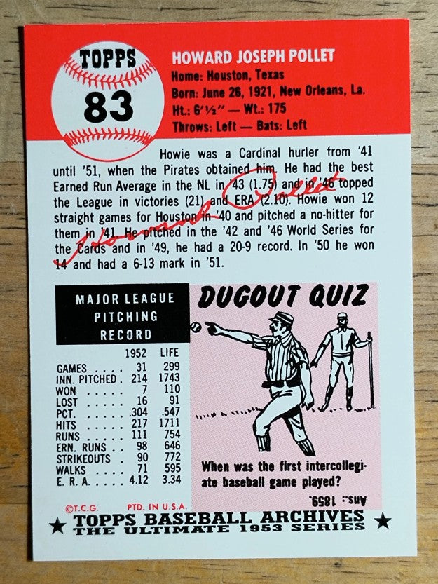 1991 Topps Archives '53 #83 Howie Pollet