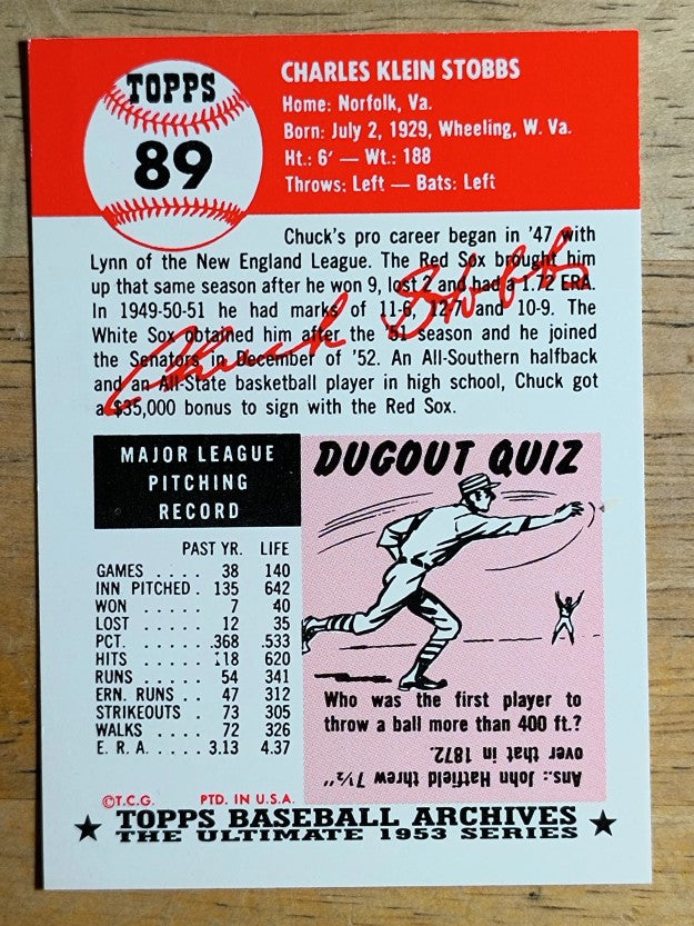 1991 Topps Archives '53 #89 Chuck Stobbs