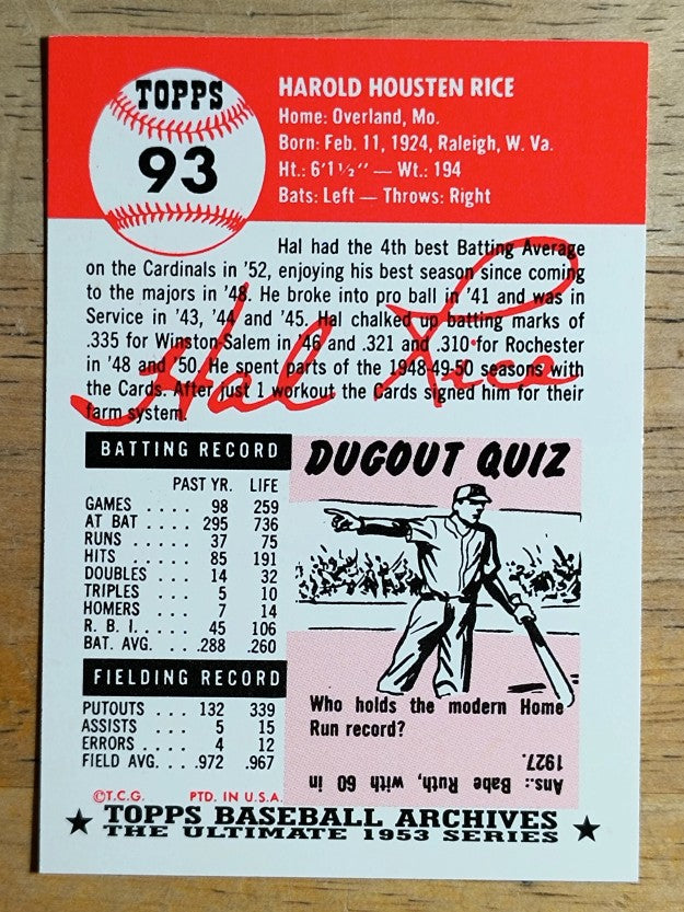 1991 Topps Archives '53 #93 Hal Rice