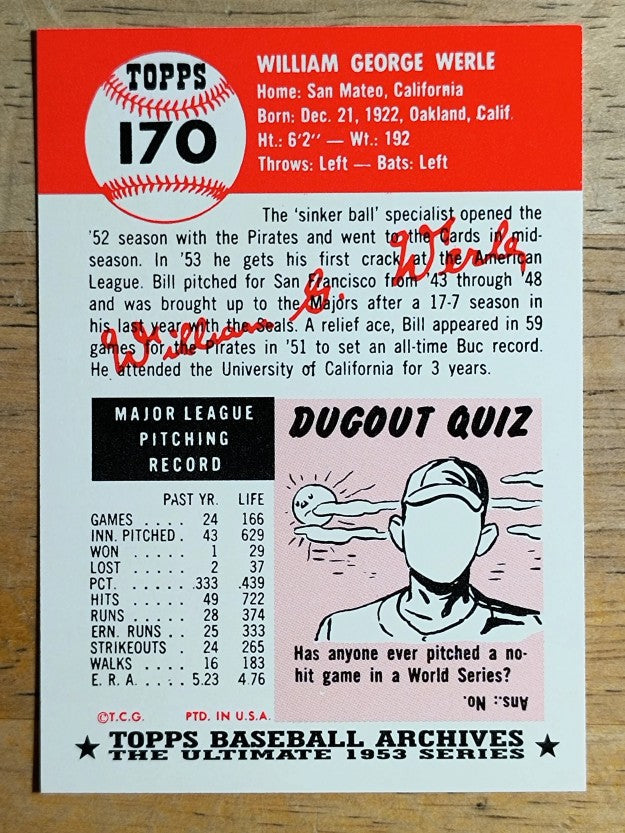 1991 Topps Archives '53 #170 Bill Werle