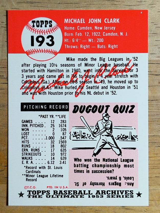 1991 Topps Archives '53 #193 Mike Clark
