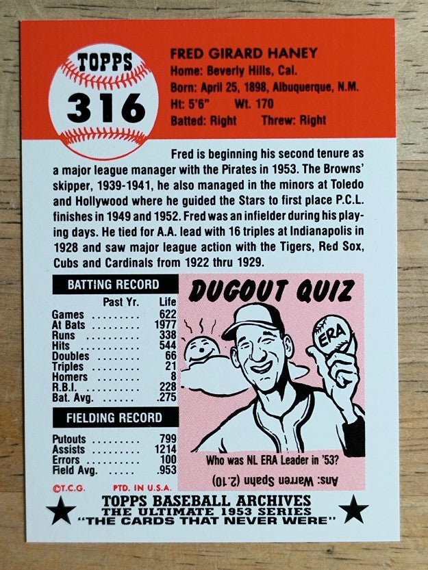 1991 Topps Archives '53 #316 Fred Haney MG