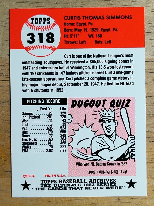 1991 Topps Archives '53 #318 Curt Simmons