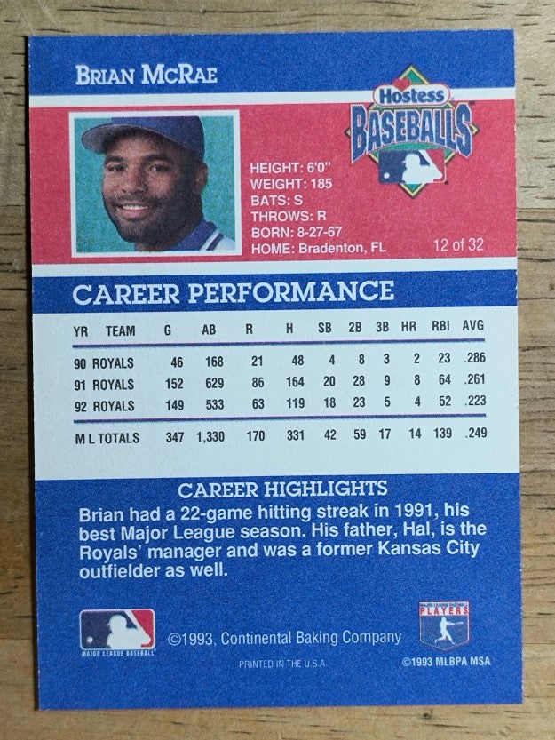1993 Hostess #12 Brian McRae
