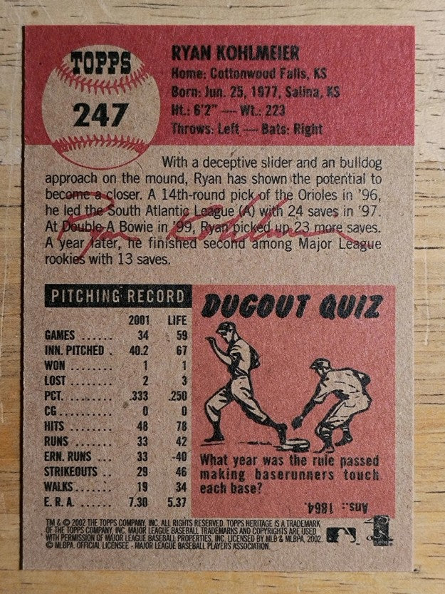 2002 Topps Heritage #247 Ryan Kohlmeier