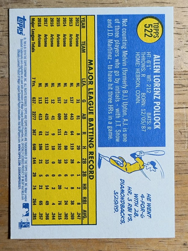 2019 Topps Heritage #522 A.J. Pollock