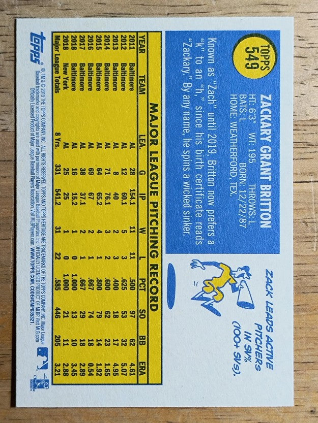 2019 Topps Heritage #549 Zack Britton