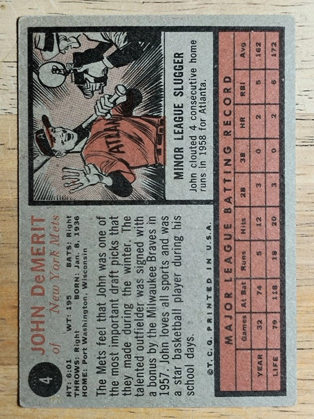 1962 Topps #4 John DeMerit (VG)