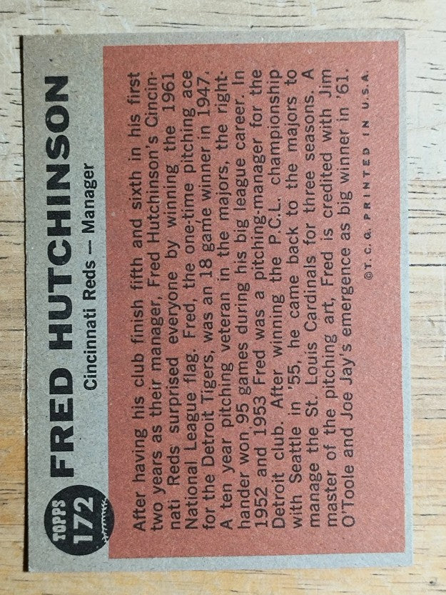 1962 Topps #172 Fred Hutchinson MG (EX)