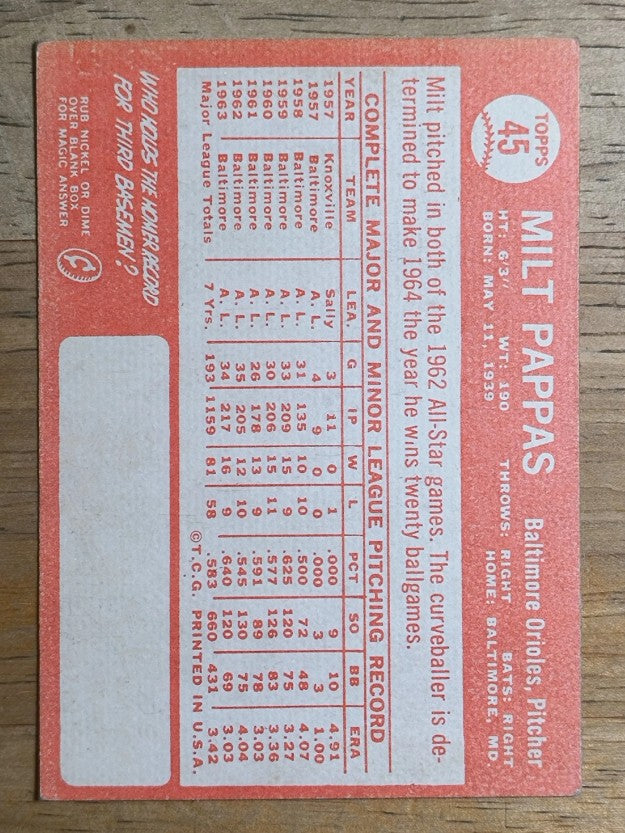 1964 Topps #45 Milt Pappas (VGEX)