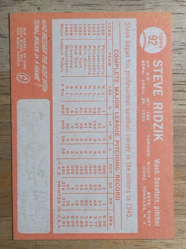 1964 Topps #92 Steve Ridzik (EX)