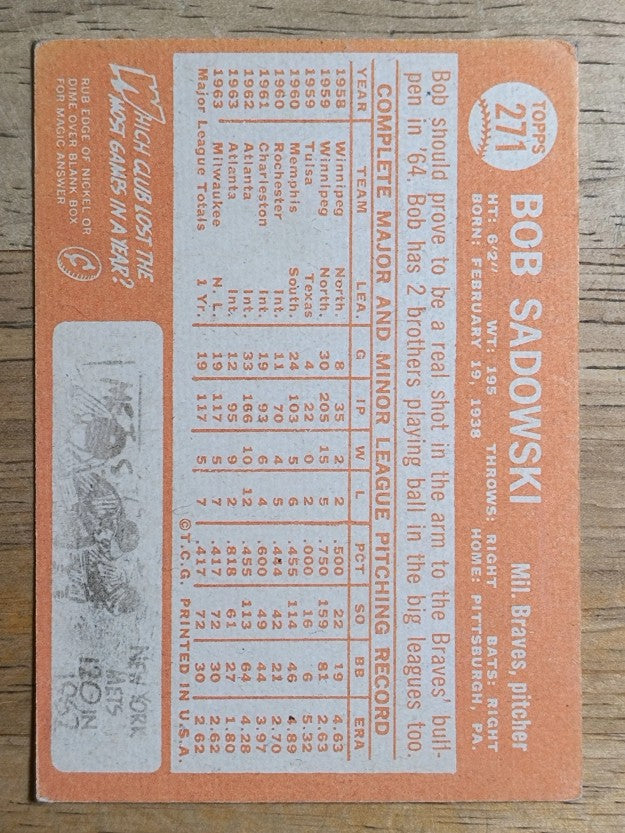 1964 Topps #271 Bob Sadowski RC (VG)