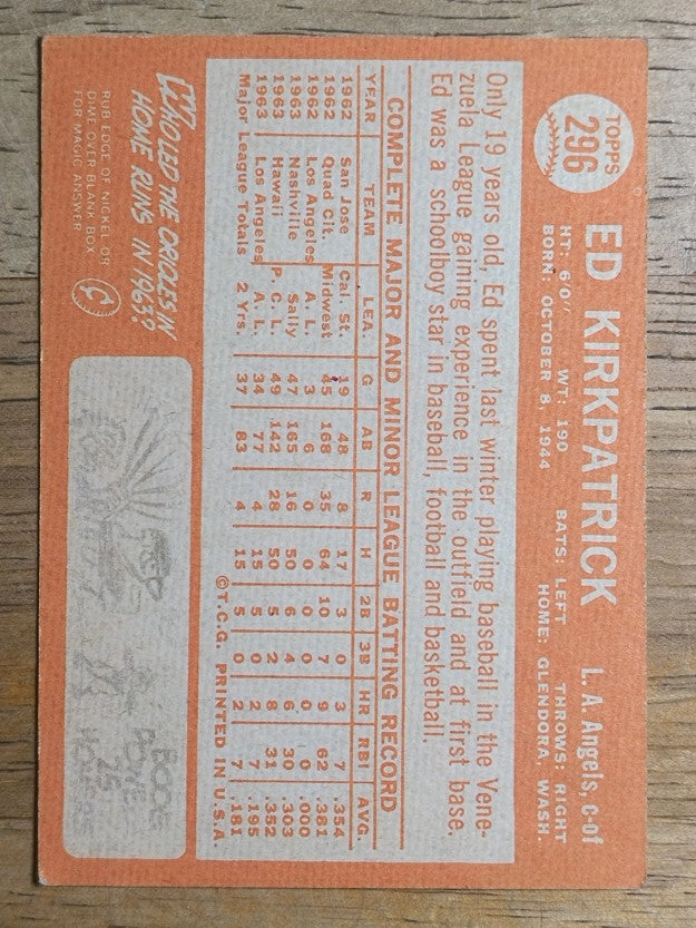1964 Topps #296 Ed Kirkpatrick (EX)
