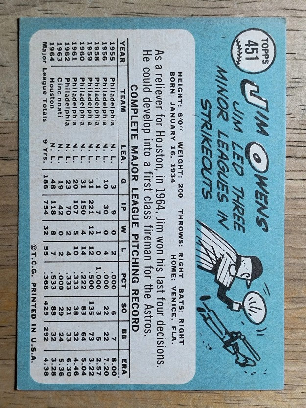 1965 Topps #451 Jim Owens (NM)