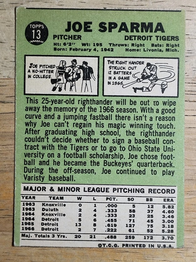 1967 Topps #13 Joe Sparma (VG)