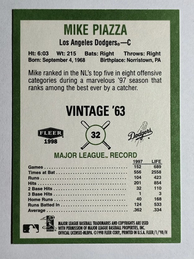 1998 Fleer Tradition Vintage '63 #32 Mike Piazza
