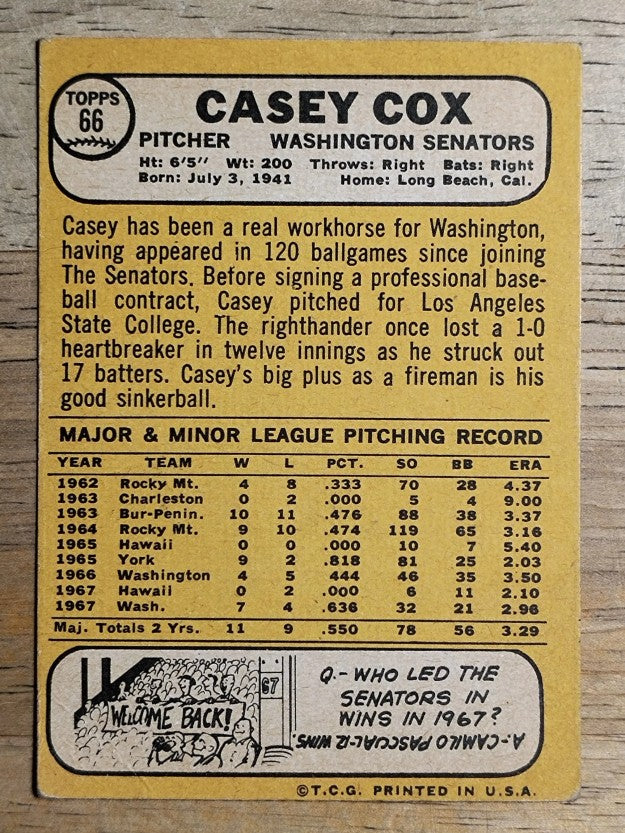 1968 Topps #66A Casey Cox/White team name (VG)