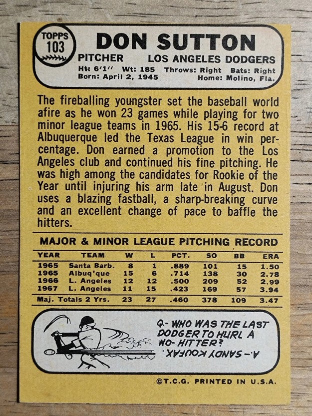 1968 Topps #103 Don Sutton (VGEX)