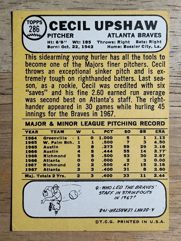 1968 Topps #286 Cecil Upshaw (VG)