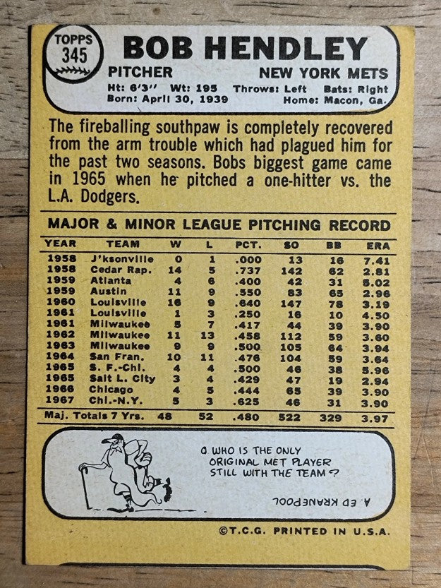 1968 Topps #345 Bob Hendley (VGEX)