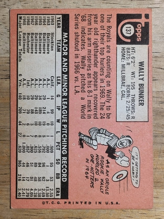 1969 Topps #137 Wally Bunker (VG)