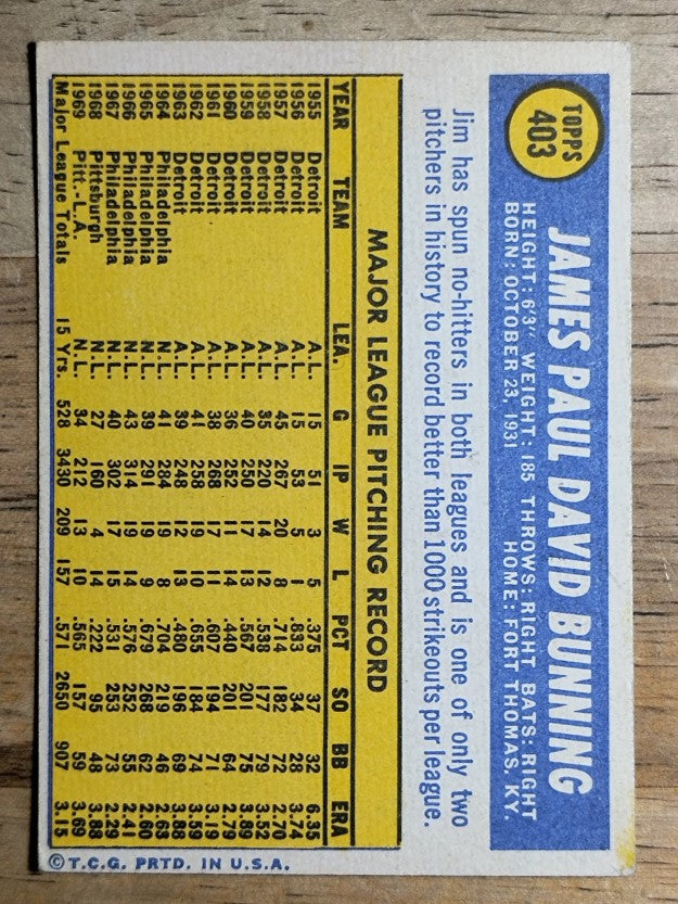 1970 Topps #403 Jim Bunning (VGEX)