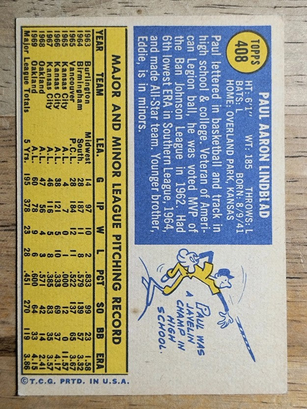 1970 Topps #408 Paul Lindblad (EX)