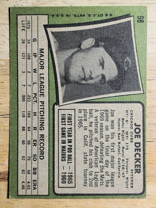 1971 Topps #98 Joe Decker RC (VG)