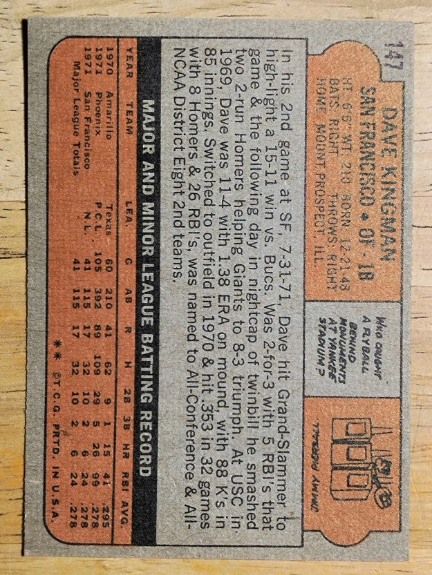 1972 Topps #147 Dave Kingman RC (EX)