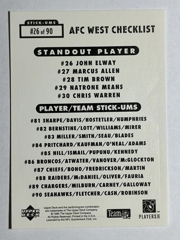 1995 Collector's Choice Update Stick-Ums #26 John Elway