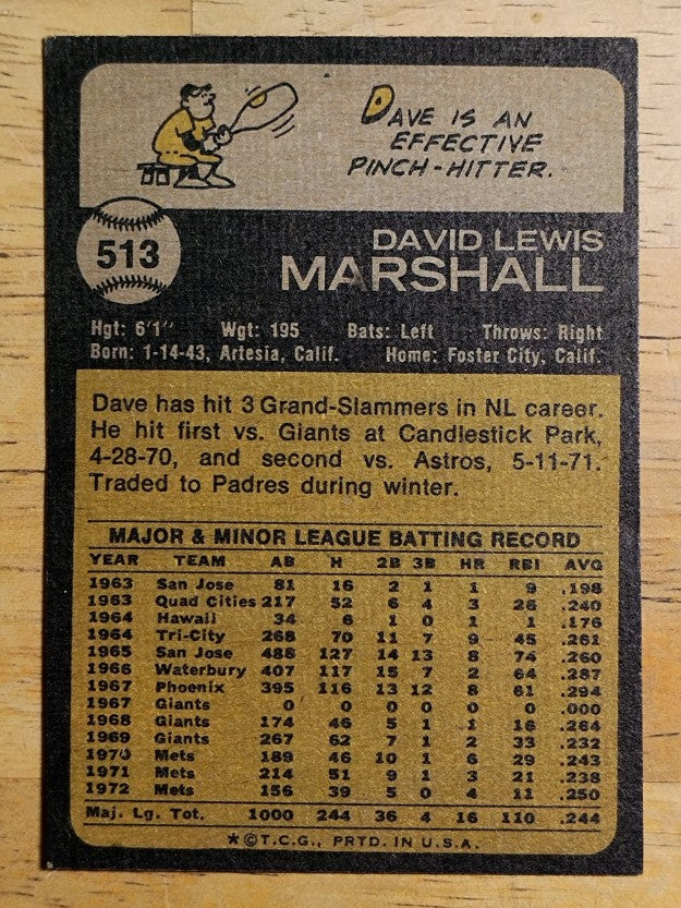 1973 Topps #513 Dave Marshall (VGEX)