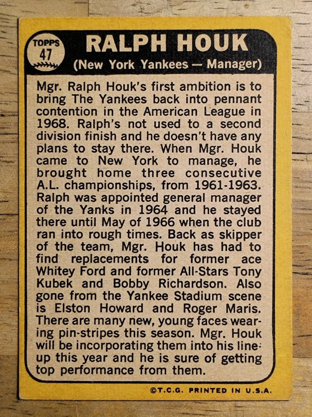 1968 Topps #47 Ralph Houk MG (VGEX)