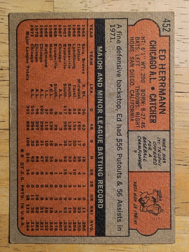 1972 Topps #452 Ed Herrmann (VGEX)