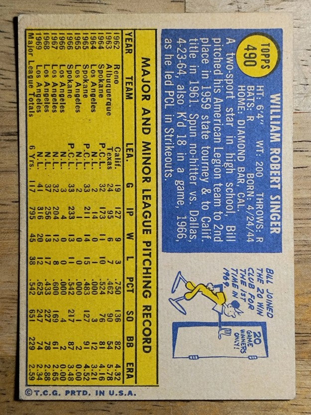 1970 Topps #490 Bill Singer (VGEX)