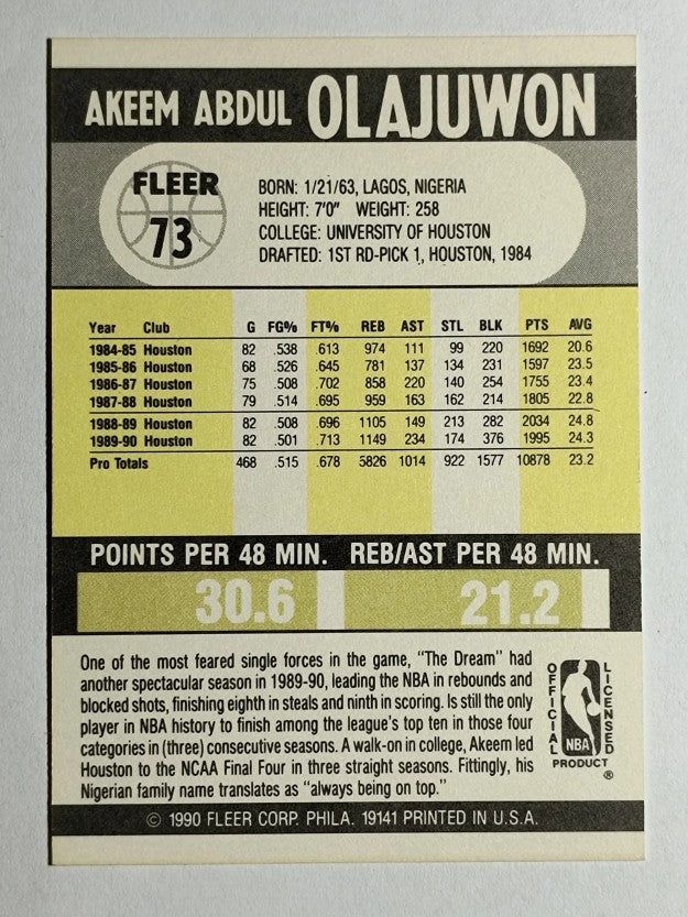 1990-91 Fleer #73 Hakeem Olajuwon