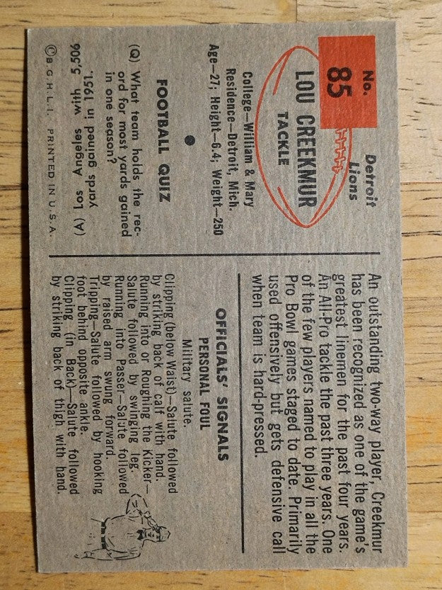 1954 Bowman #85 Lou Creekmur SP (NMMT)