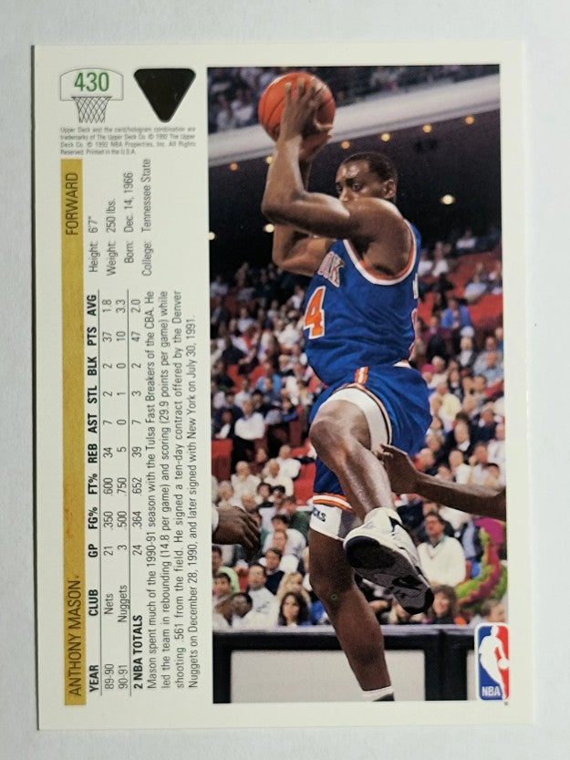 1991-92 Upper Deck #430 Anthony Mason RC