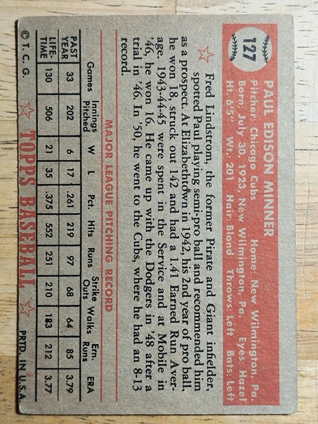 1952 Topps #127 Paul Minner RC (VG)